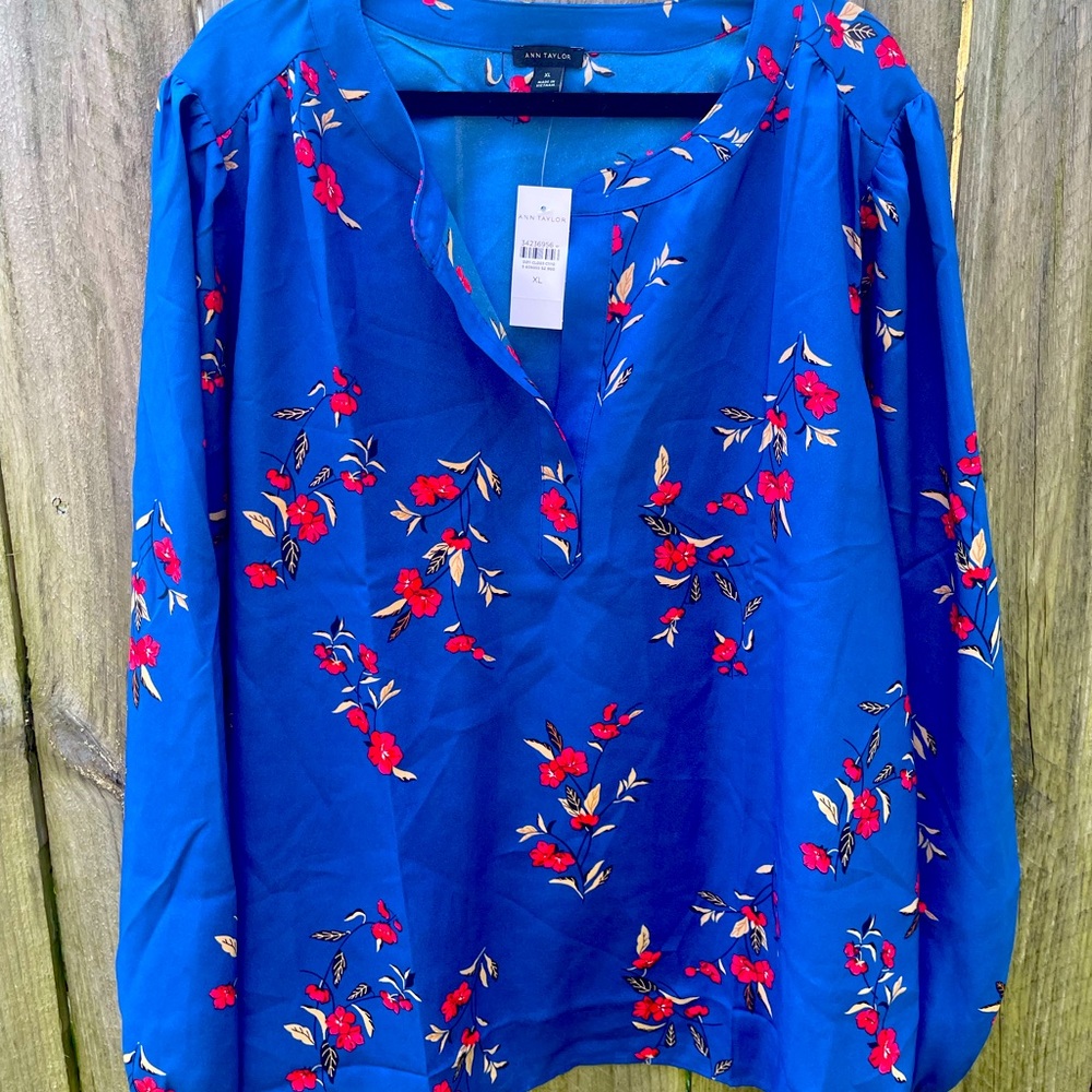 Ann Taylor Floral Split Neck Popover Blouse